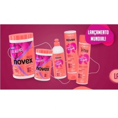 Produtos capilares Novex com colagénio em embalagens cor-de-rosa e cor-de-laranja sobre fundo roxo com texto lançamento mundial.