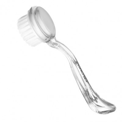 Escova de limpeza facial com cabo transparente e cerdas brancas