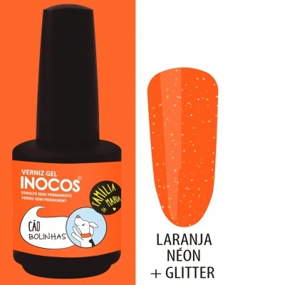 Frasco de verniz gel laranja néon com glitter e rótulo com desenho de cão
