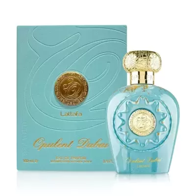 Frasco e caixa de perfume azul turquesa com detalhes dourados