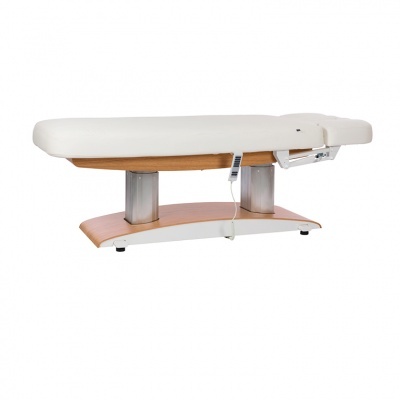 Cama de massagem branca com base de madeira e metal