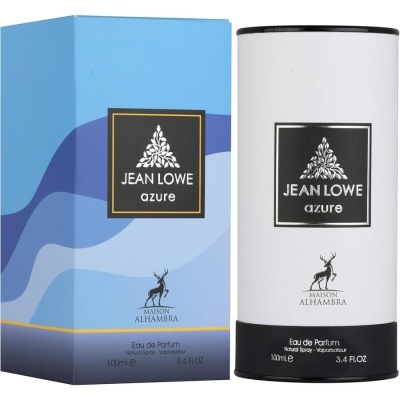 Embalagem azul e branca do perfume Jean Lowe Azure