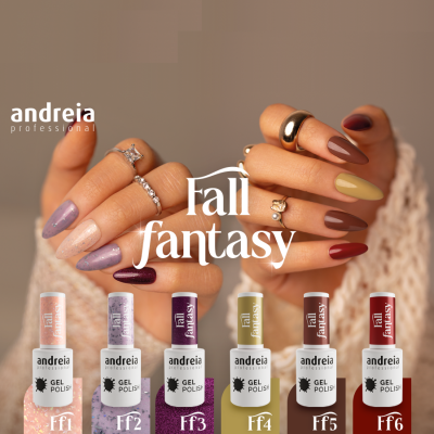 Mãos femininas com unhas pintadas em várias cores outonais segurando frascos de verniz 'Fall fantasy' da andreia profissional.