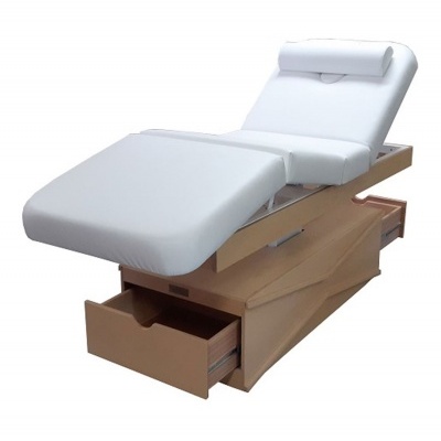 Cama de massagem ajustável com estofamento branco e gavetas de madeira