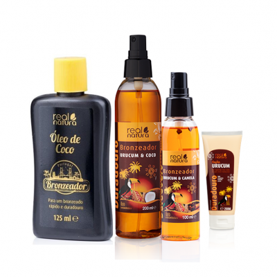 Conjunto de produtos de bronzeador Real Natura em várias embalagens e tamanhos.
