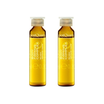 Duas ampolas de vidro com líquido amarelo rotuladas Body Firming Complex