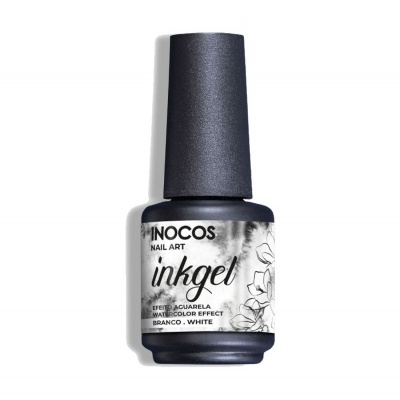 Frasco negro fosco de tinta para unhas com rótulo branco e decoração floral preta