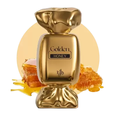 Frasco dourado em forma de doce com texto Golden HONEY e favo de mel