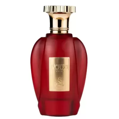 Garrafa de perfume vermelha fosca com tampa dourada e etiqueta dourada