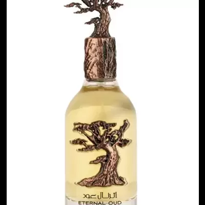 Frasco de perfume Eternal Oud com decoração de árvore em metal dourado