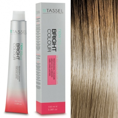 Tubo e caixa de tinta de cabelo Tassel Bright Colour ao lado de amostra de cor de cabelo loiro acinzentado.