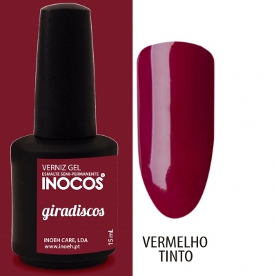 Frasco de verniz gel INOCOS giradiscos e amostra de cor vermelho tinto