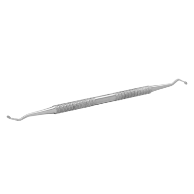 Instrumento dentário metálico com duas pontas curvas