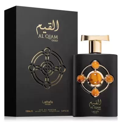 Frasco de perfume preto com detalhes dourados e caixa preta Al Qiam Gold