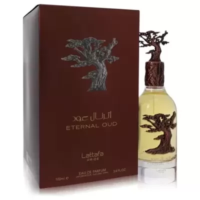 Frasco de perfume com tampa decorada e caixa castanha com texto dourado
