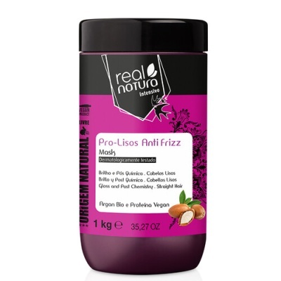 Frasco roxo e preto de máscara capilar Real Natura Pro-Lisos Anti Frizz 1 kg