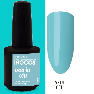 Frasco de verniz gel Inocos azul céu e amostra da cor