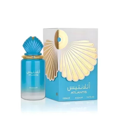 Frasco azul de perfume Atlantis Asdaaf com embalagem azul e dourada em forma de concha