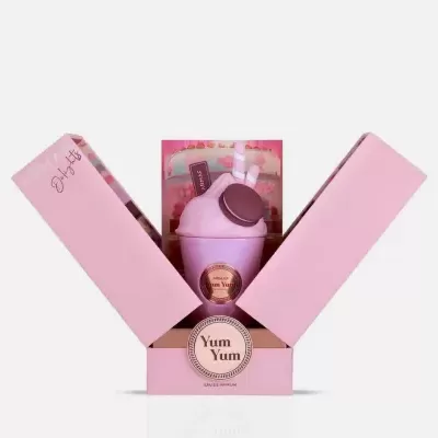 Conjunto de presente cor-de-rosa com recipiente rosa e rótulo Yum Yum