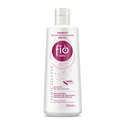 Frasco branco de shampoo fió restore 300 ml com tampa transparente.