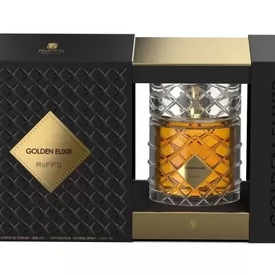 Frasco de perfume Golden Elixir RiiFFS em caixa preta com detalhes dourados