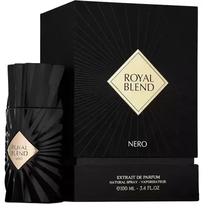 Frasco e caixa preta de perfume Royal Blend Nero com texto em dourado