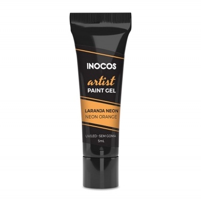 Tubo preto de gel de pintura para unhas com texto INOCOS artist PAINT GEL LARANJA NEON