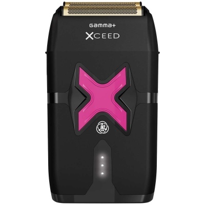 Aparelho de barbear elétrico preto com detalhes rosa e dourado e texto GAMMA+ XCEED