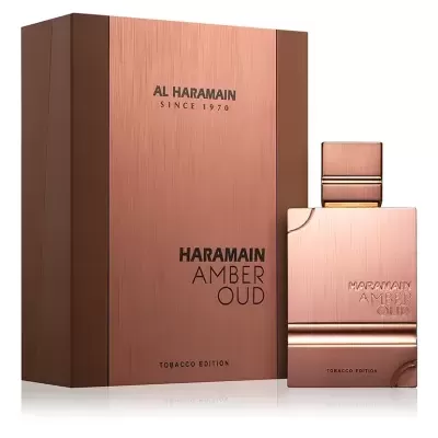 Frasco e caixa de perfume Al Haramain Amber Oud Tobacco Edition em tons de cobre