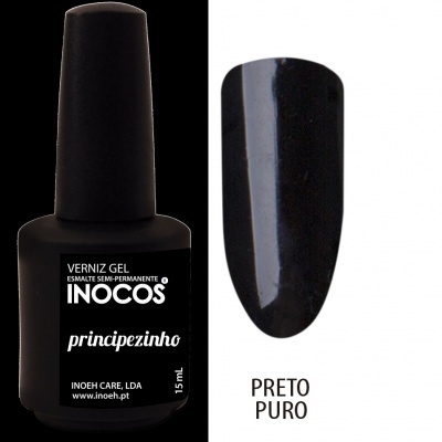 Frasco de verniz gel preto Inocos com amostra de cor preta pura