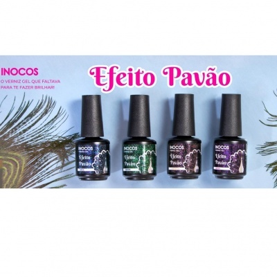 Quatro vernizes Nocos Efeito Pavão em várias cores com penas de pavão ao fundo