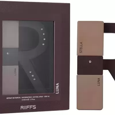 Conjunto de perfumes Riiffs Stella e Luna em caixa castanha e frascos bege com cristais