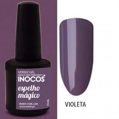 Verniz gel INOCOS violeta com frasco e amostra de unha