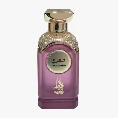 Frasco de perfume roxo com detalhes dourados e texto MAGHRI