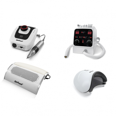 Quatro equipamentos de manicure eletrónicos brancos e pretos em fundo branco.