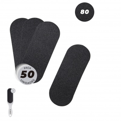 Limas de pé pretas com etiqueta 'PACK 50 UNIDADES' e ícone de lima para pé