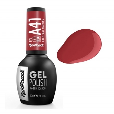 Frasco de verniz gel para unhas vermelho com amostra de cor