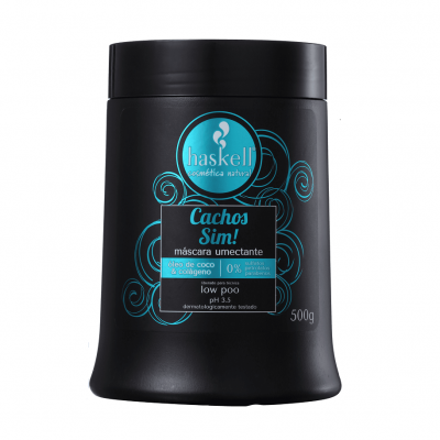 Máscara umectante Haskell Cachos Sim! em recipiente preto com texto azul e branco