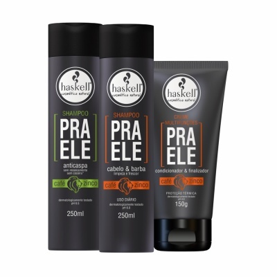 Produtos de cabelo Haskell PRA ELE, embalagem preta com textos brancos e coloridos