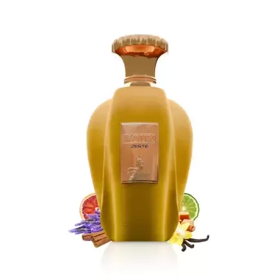 Frasco amarelo areia com tampa dourada e placa metálica VOIX ZESTE rodeado por frutas e especiarias