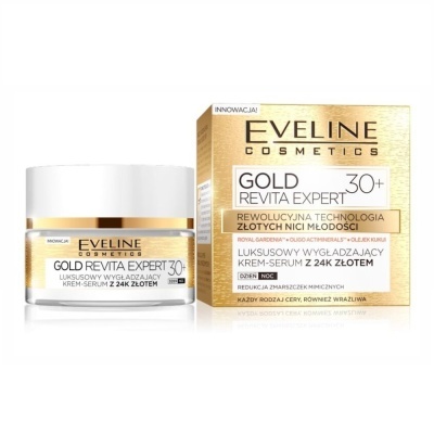 Creme-serum Eveline Cosmetics Gold Revita Expert 30+ com embalagem e caixa dourada.