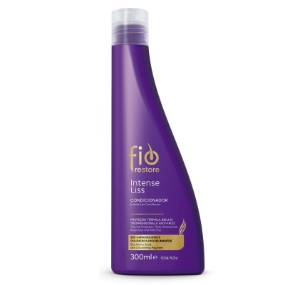 Frasco roxo de condicionador Fio Restore Intense Liss com tampa transparente