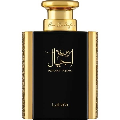 Frasco de perfume preto e dourado com texto ROUAT AJIAL