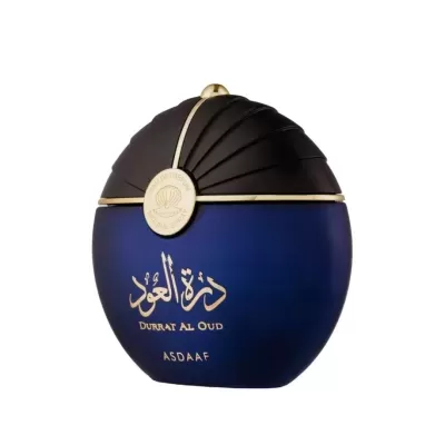 Frasco azul e preto de perfume Durrat Al Oud Asdaaf