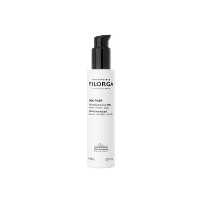 Frasco branco com tampa de bomba preta do gel de limpeza Filorga Skin-Prep AHA.