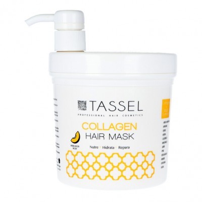 Máscara capilar Tassel Collagen em embalagem branca com doseador e padrão hexagonal amarelo