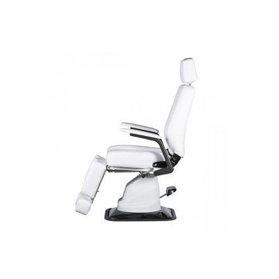 Cadeira reclinável branca com apoios pretos e base preta