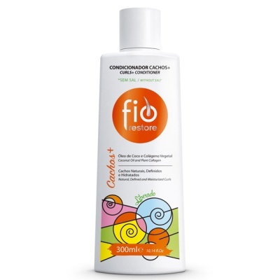 Frasco branco de condicionador para cachos da marca Fio Restore com design colorido de caracóis