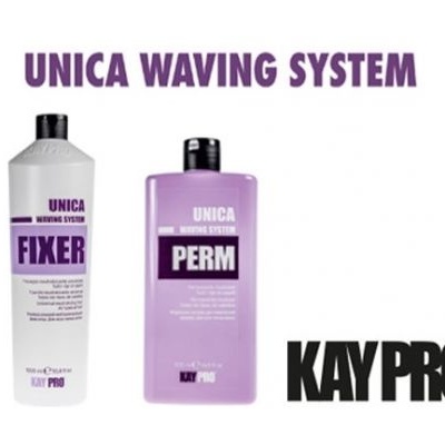 Dois frascos UNICA WAVING SYSTEM KAYPRO; um branco FIXER e um lilás PERM com tampas pretas
