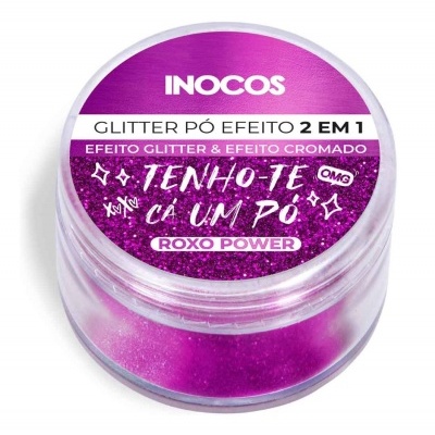 frasco de glitter pó roxo para maquilhagem com rótulo roxo e branco
